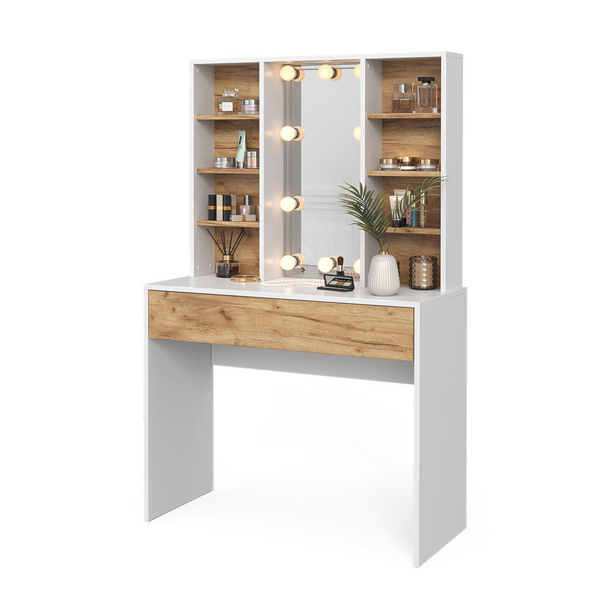SCHMINKTISCH Alexa Goldkraft Eiche/Weiß 93 cm mit LED Beleuchtung - Honigeiche/Weiß, Holzwerkstoff (93/147/40cm) - Vicco