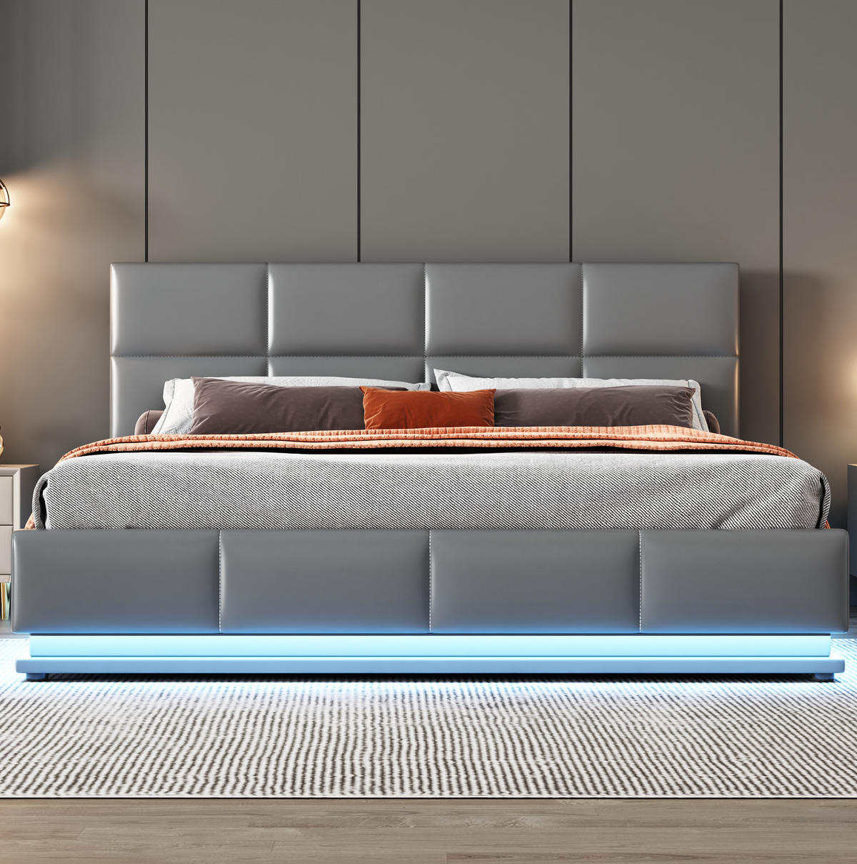 POLSTERBETT 160/200 cm mit LED-Beleuchtung, Metalllattenrost und hydraulischem Bettkasten, Grau - Grau, Textil (160/200cm) - Redom