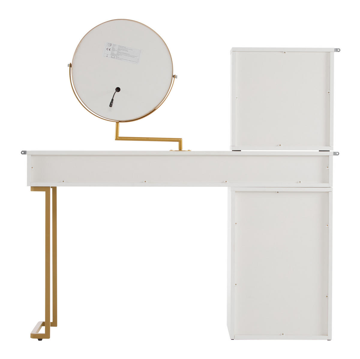 SCHMINKTISCH 120/45/115 cm mit LED-Spiegel, flexiblem Seitenregal und Glasplatte, Weiß/Goldfarben - Weiß, Holzwerkstoff (120/115/45cm) - Redom