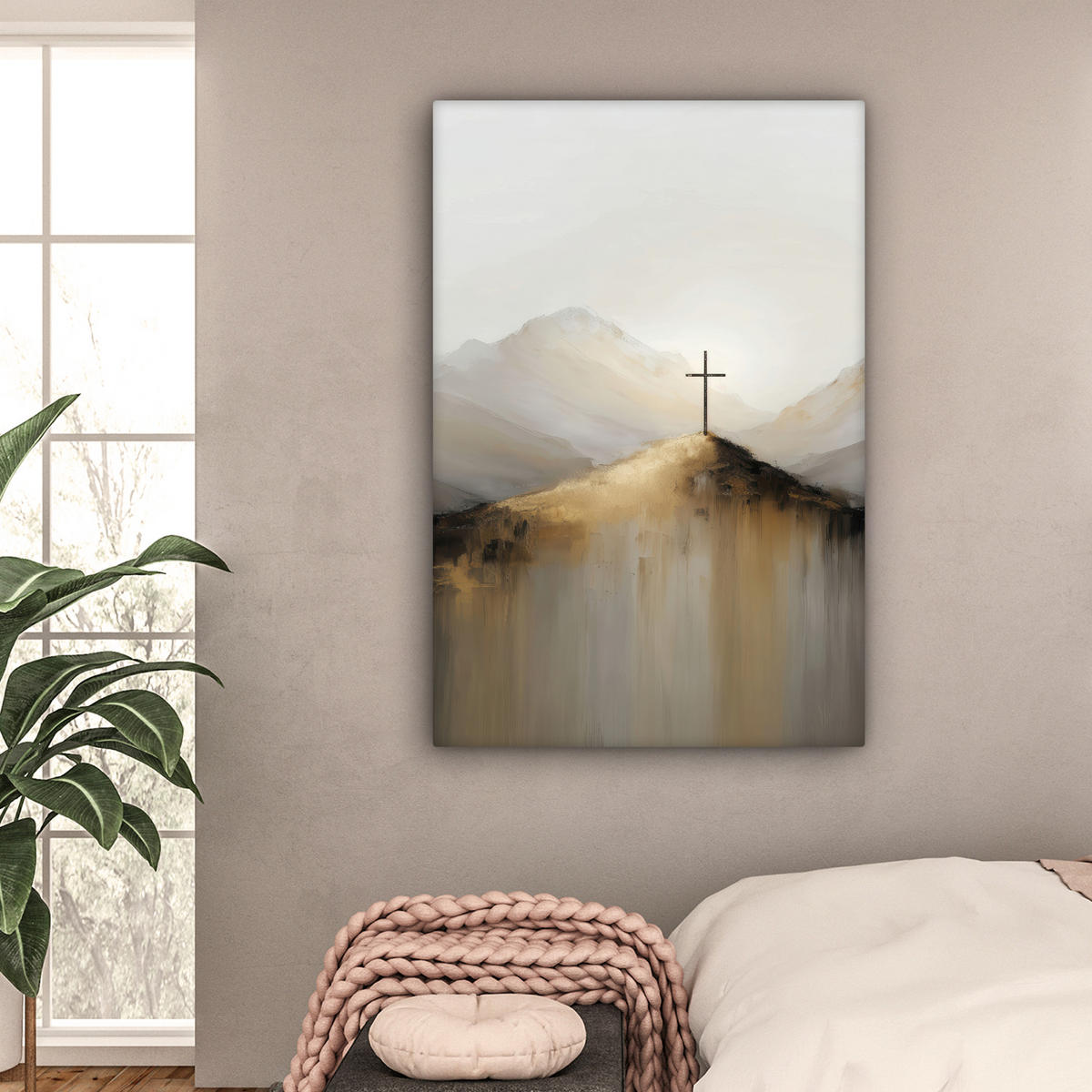 LEINWANDBILD Hügel - Abstrakt - Kreuz - Christentum Deko XXL 80x120 cm - Beige, Textil (80/120cm) - MuchoWow