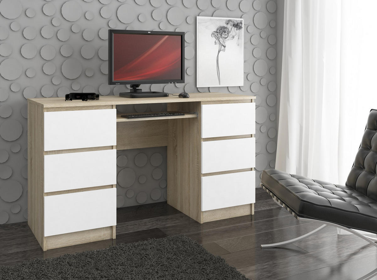 SCHREIBTISCH Sonoma Eiche, Weiß 135x50x77 cm - Weiß/Sonoma Eiche, Holzwerkstoff (50/135/77cm) - Akord