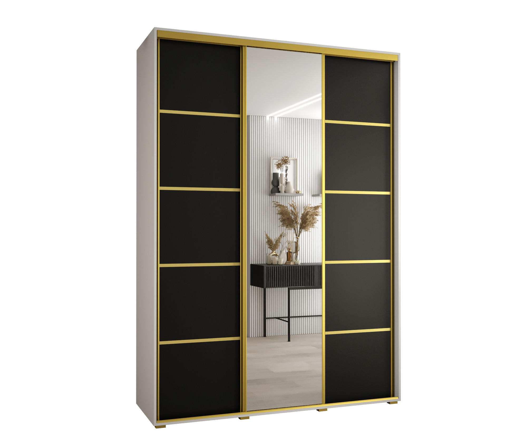 SCHWEBETÜRENSCHRANK 235,2/180/60 3-türig - Goldfarben/Schwarz, Holz/Metall (180/235/60cm) - Abiks Möbel