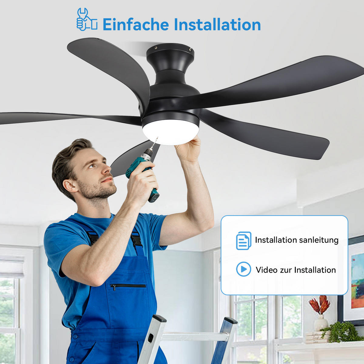 DECKENVENTILATOR 132cm LED Licht 5 ABS Flügel Timer Fernbedienung - Schwarz, Kunststoff (132/132/30.5cm) - CASIVA