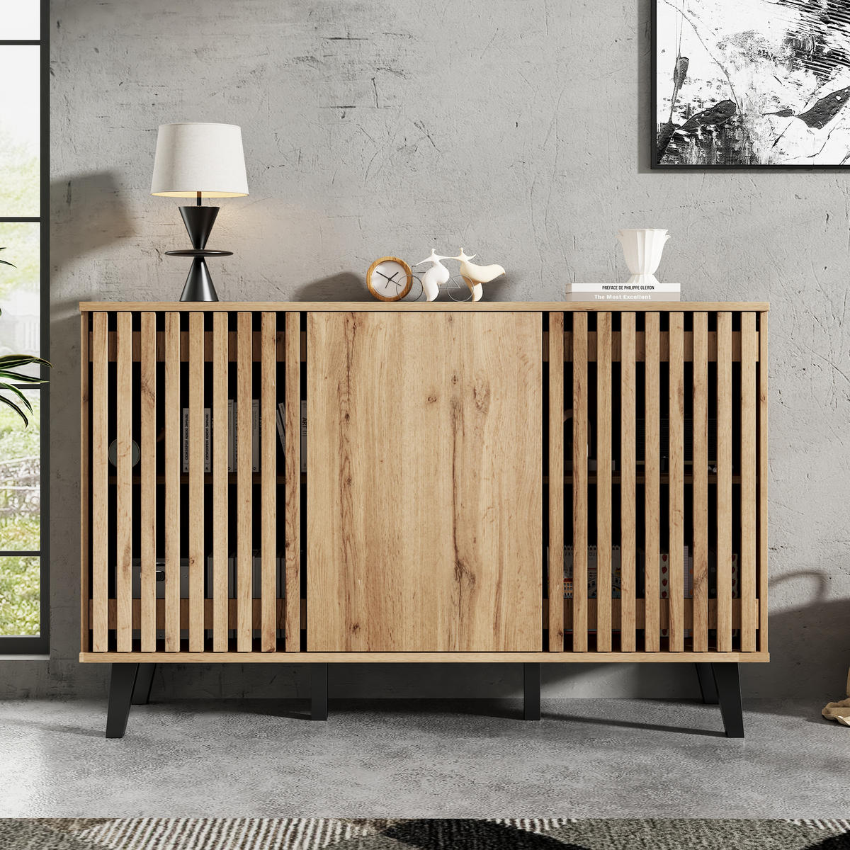 SIDEBOARD 3 Türen 6 Fächer 150x40x95cm Stauraum Mehrzweck - Naturfarben, Holzwerkstoff (40/95/150cm) - FLIEKS