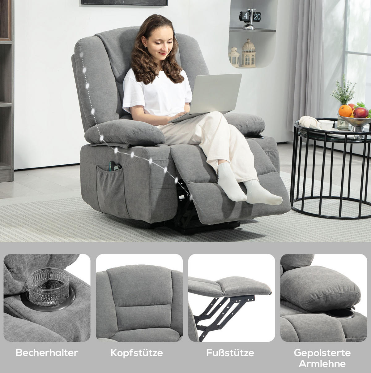 FERNSEHSESSEL Polyester Leinenoptik mit Aufstehhilfe, Massage, Heizung 97/90/102 cm Dunkelgrau - Dunkelgrau, Textil (90/102/97cm) - Redom