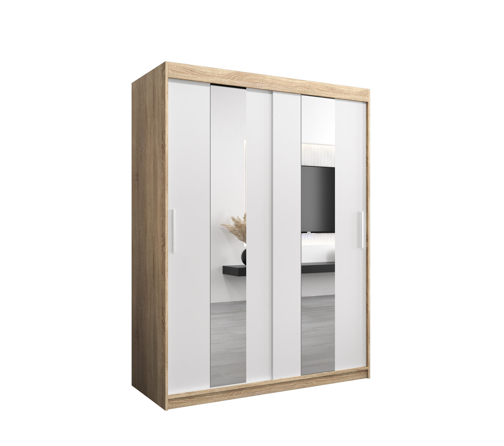 SCHWEBETÜRENSCHRANK 200/150/62 2-türig - Silberfarben/Weiß, Holz/Kunststoff (150/200/62cm) - Abiks Möbel