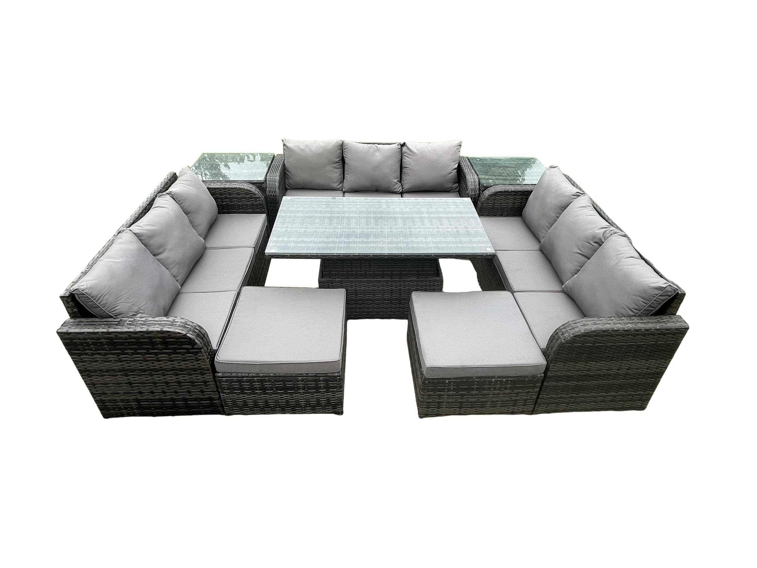 GARTENTISCHGRUPPE Polyrattan 11-Sitzer - Dunkelgrau/Grau, Glas/Kunststoff - Fimous