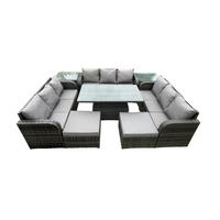 GARTENTISCHGRUPPE Polyrattan 11-Sitzer - Dunkelgrau/Grau, Glas/Kunststoff - Fimous