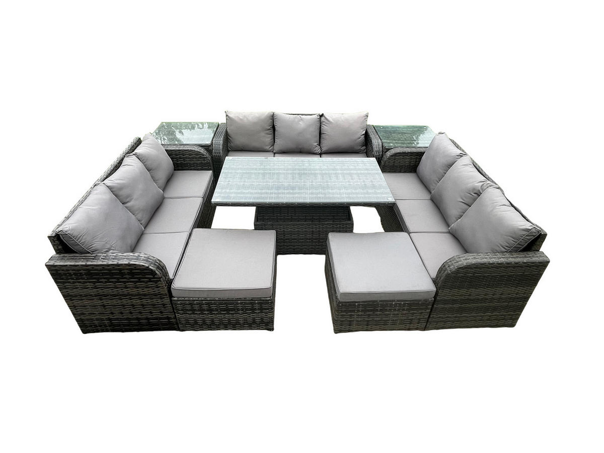 GARTENTISCHGRUPPE Polyrattan 11-Sitzer - Dunkelgrau/Grau, Glas/Kunststoff - Fimous