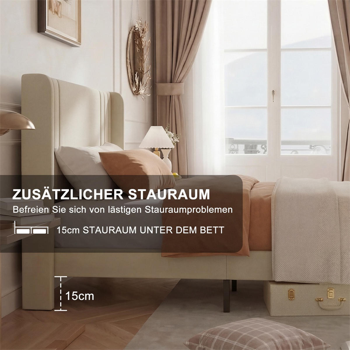 POLSTERBETT 90 x 200 cm aus Leinen mit gepolstertem Kopfteil - tabile Bettbeine ohne Matratze - Beige - Beige, Textil (90/200cm) - DELFA