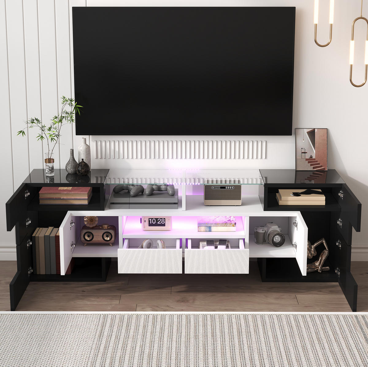 TV-SCHRANK aus Holzwerkstoff 145x30x51 cm Weiß/Schwarz mit LED-Beleuchtung und viel Stauraum - Weiß, Holzwerkstoff (145/51/30cm) - Modfu
