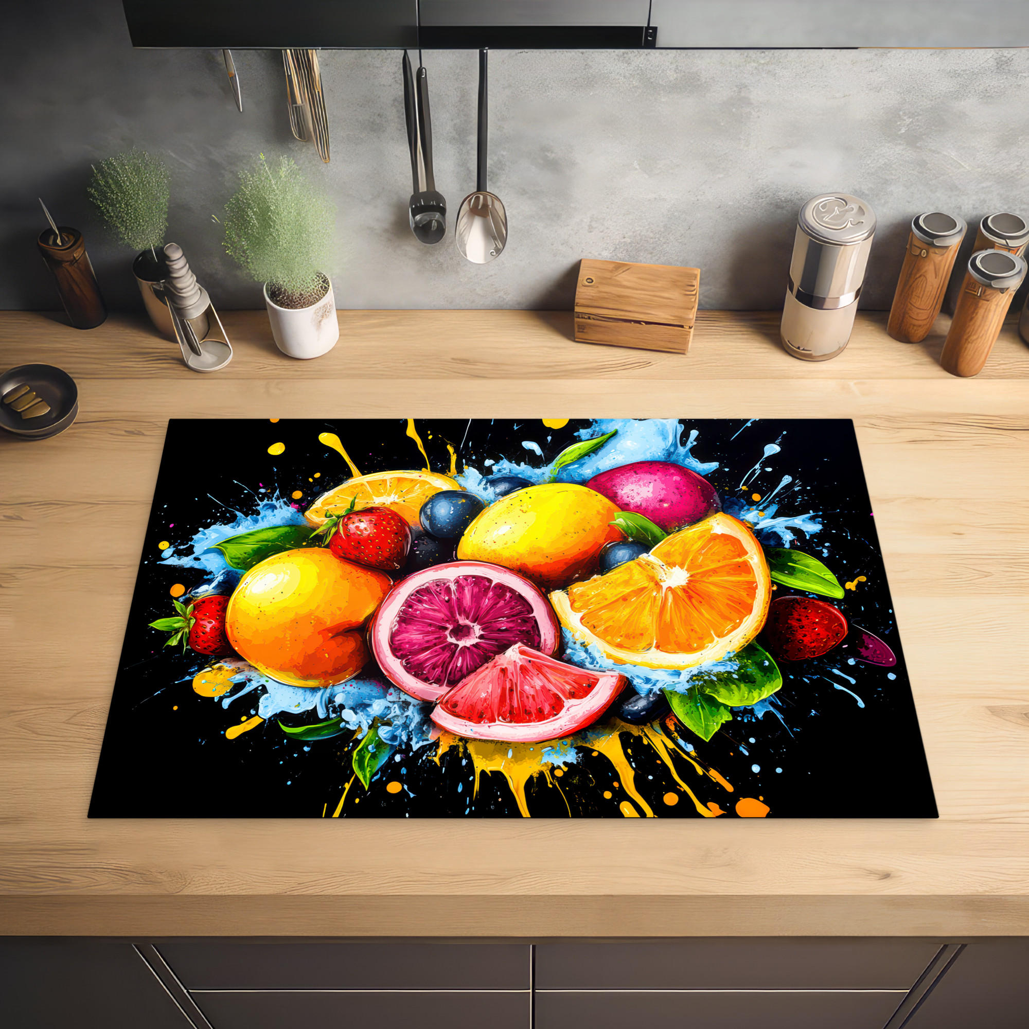 HERDABDECKPLATTE Obst - Graffiti - Bunt - Orange - Erdbeere - Abstrakt 76x51 cm - Orange, Kunststoff (76/0.2/51.5cm) - MuchoWow
