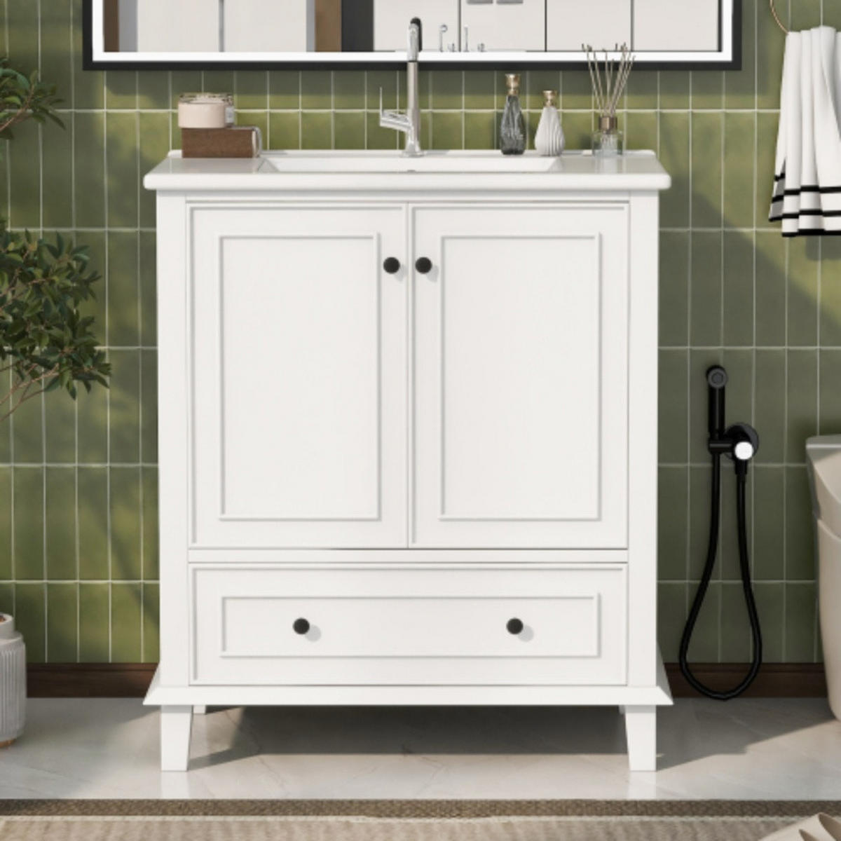 WASCHTISCHKOMBI 76/46/87 cm weiß aus MDF und Keramik mit Waschbecken, Schublade und Massivholzbeinen - Weiß, Holzwerkstoff (76/87/46cm) - OKWISH