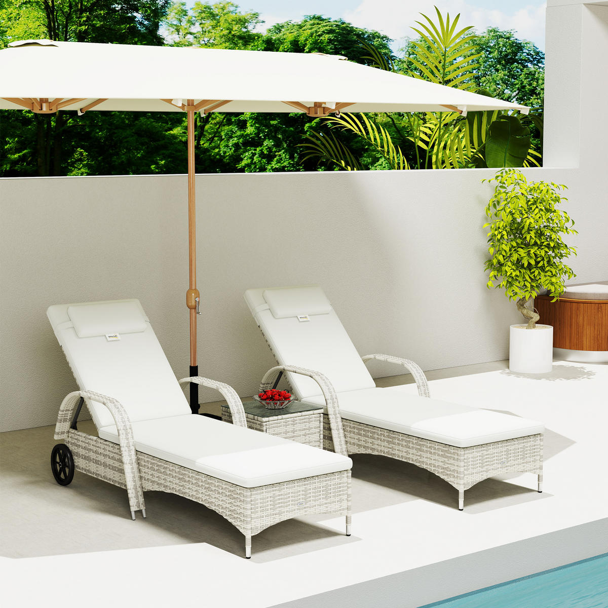 SONNENLIEGE-SET DE-13617 2 Stück mit Tisch & Rollen Creme - Creme, Kunststoff/Metall (73/103/200cm) - ComfortXL