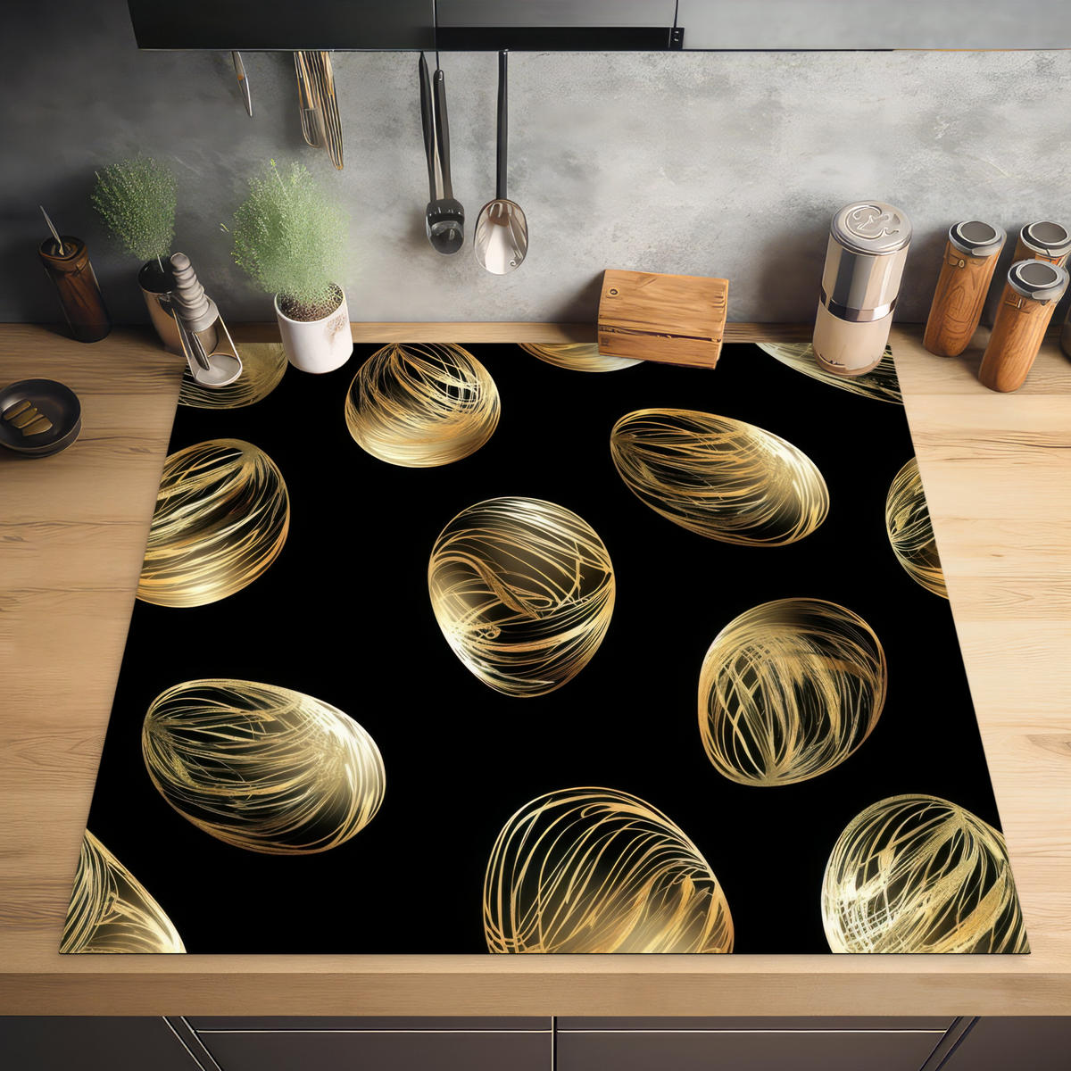HERDABDECKPLATTE Eier - Gold - Muster Induktionsmatte 78x78 cm - Schwarz, Kunststoff (78/78/0.2cm) - MuchoWow