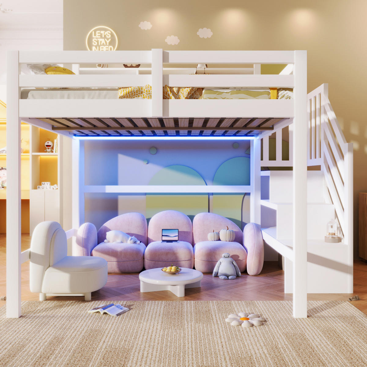 HOCHBETT 140/200 cm Weiß mit LED und Stauraumtreppe ohne Matratze - Weiß, Holz (140/200cm) - MIVRAY