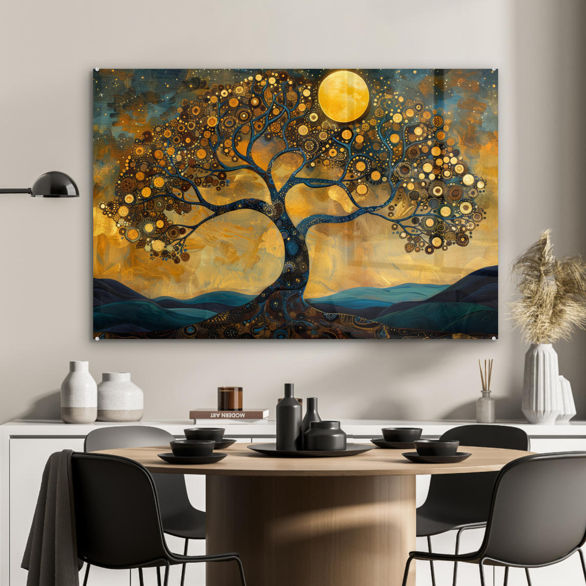 ACRYLGLASBILD Baum - Mond - Blumen - Gold - Kunst 90x60 cm - Orange, Glas (90/60cm) - MuchoWow