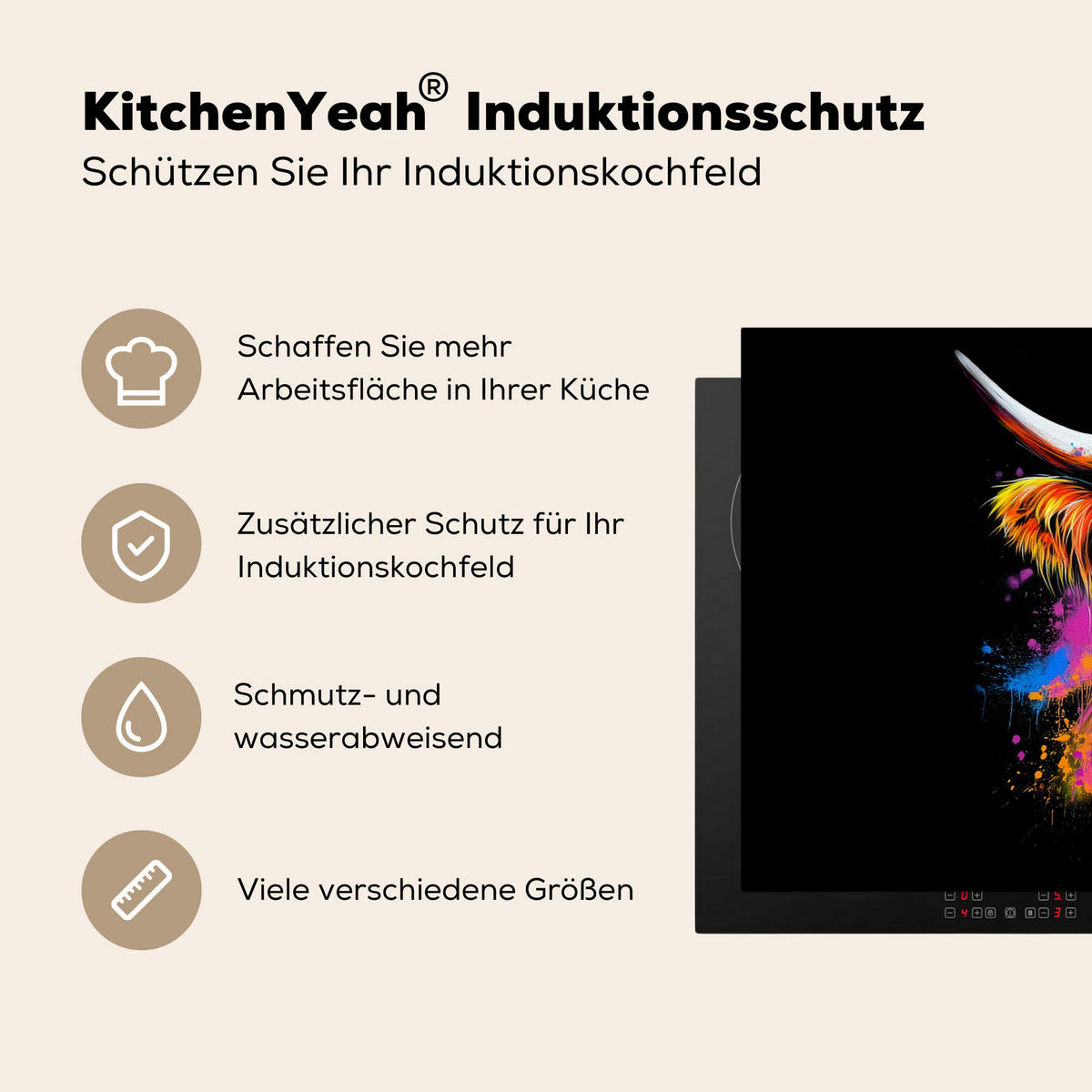 HERDABDECKPLATTE Schottischer Highlander - Graffiti - Bunt - Blume - Tiere Ceranfeldabdeckung 90x52 cm - Multicolor, Kunststoff (90/52/0.2cm) - MuchoWow