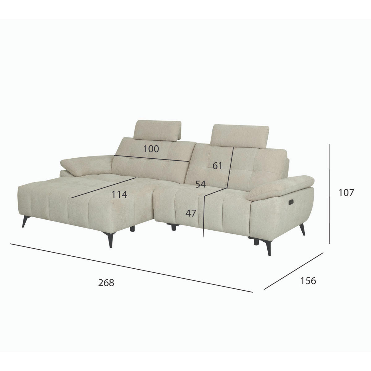 ECKSOFA Webstoff Creme Beige - Beige/Schwarz, Textil/Metall (268/156cm) - Furnhouse