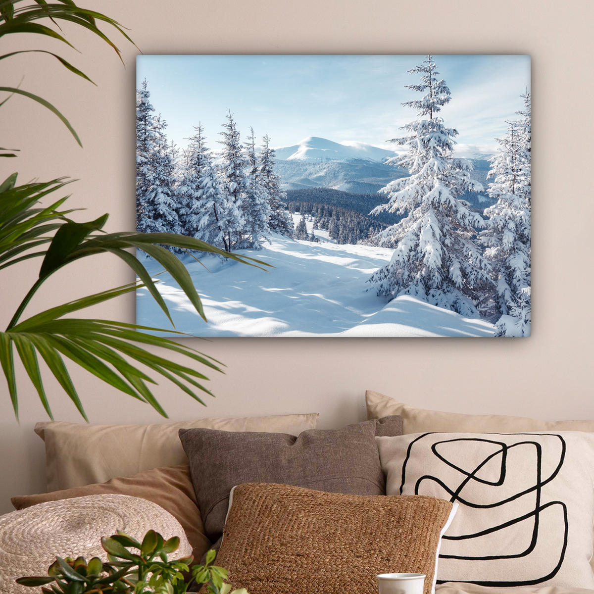 LEINWANDBILD Winterlandschaft - Natur - Berge - Bäume - Schnee Wandbilder 80x60 cm - Hellblau, Textil (80/60cm) - MuchoWow