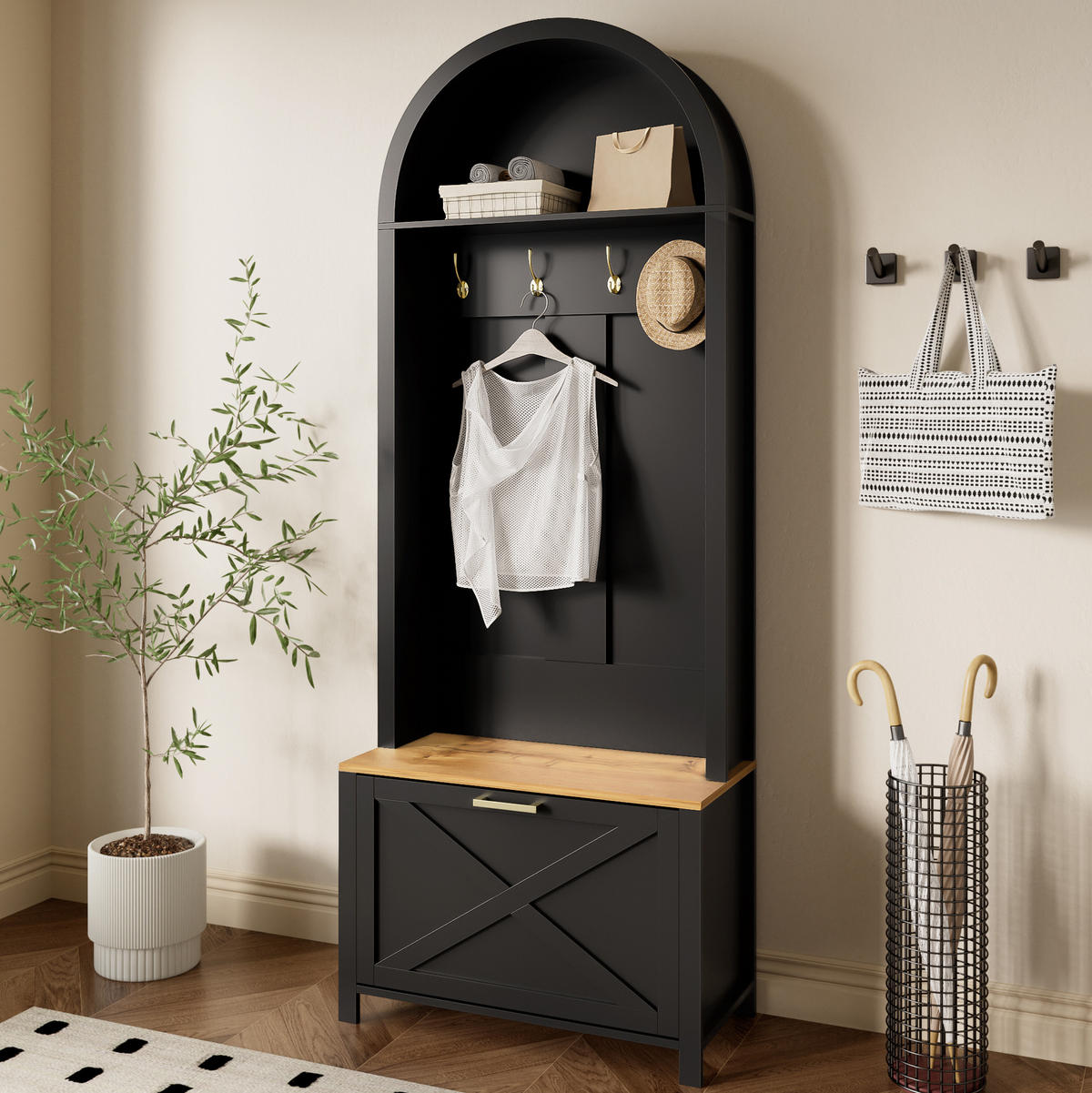 GARDEROBENSCHRANK 75/35/195 cm aus MDF mit Schuhfach und Haken Schwarz/Holzfarben - Schwarz, Holzwerkstoff (35/195/75cm) - Modenvie