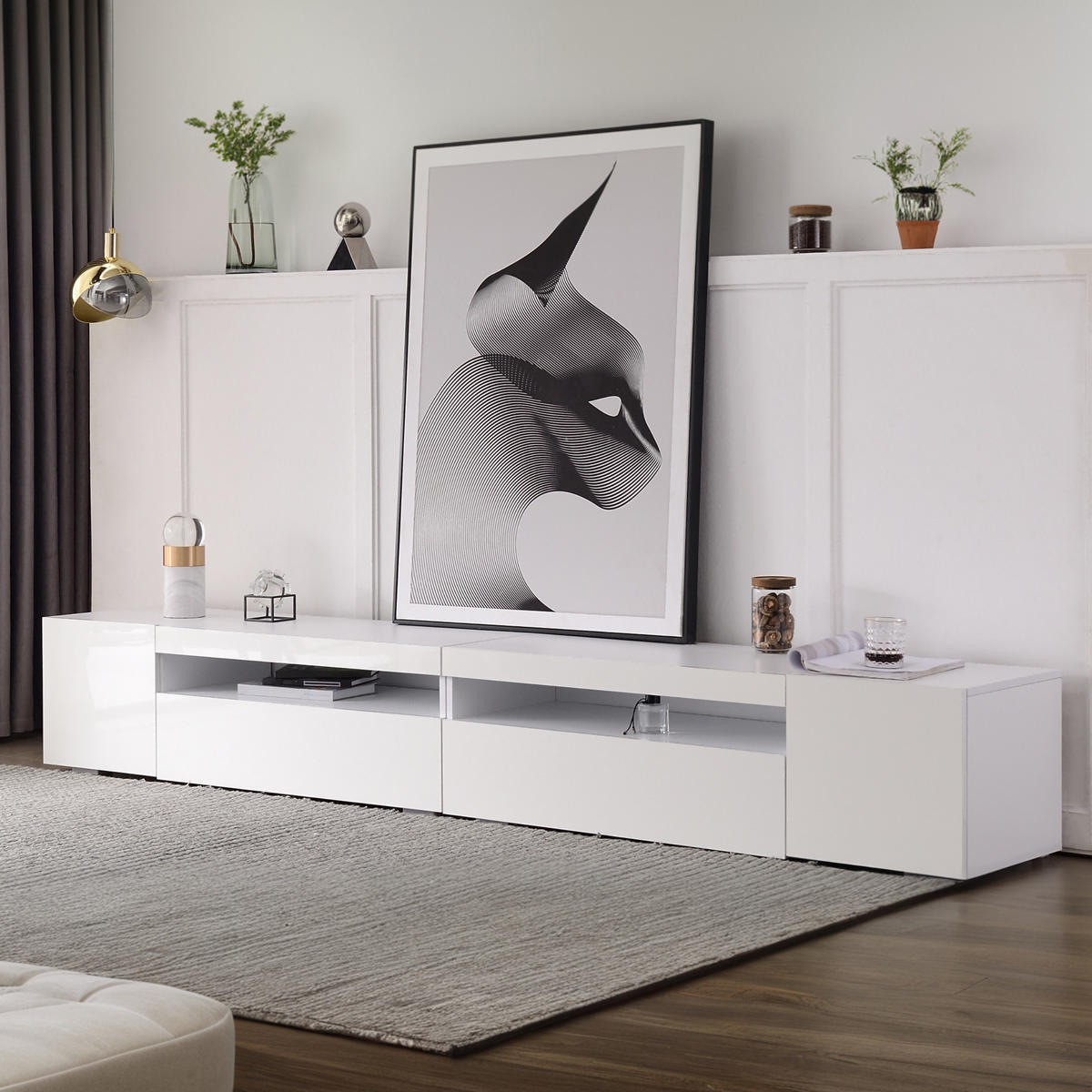 TV-ELEMENTMODERNER 240cm Weiß MDF mit LED-Beleuchtung und Symmetrischem Design - Weiß, Holz (49.5/15.5/107cm) - Raelunyi