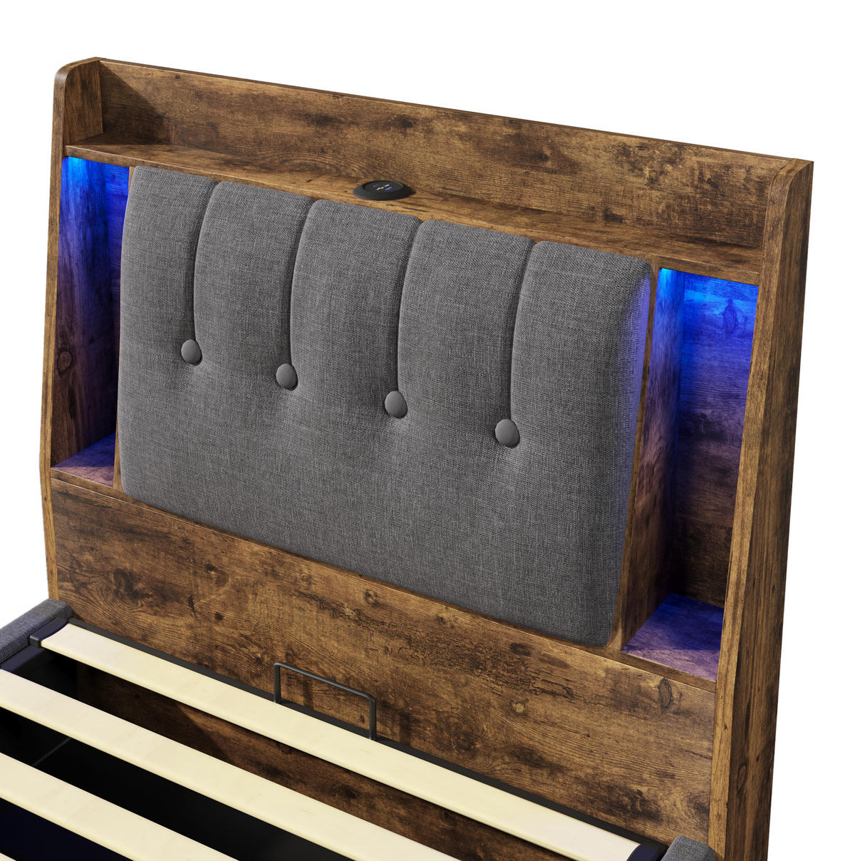 POLSTERBETT 90/200 cm Grau mit USB- und Type-C-Anschlüssen und LED-Beleuchtung - Grau, Textil (90/200cm) - OKWISH
