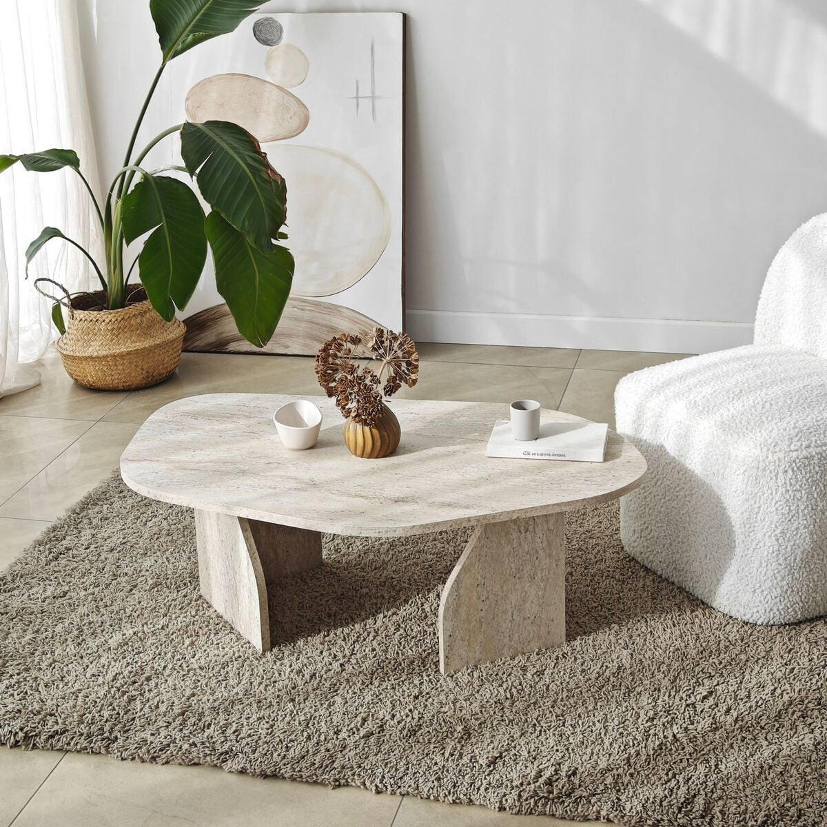 COUCHTISCH mit organisch geformter Tischplatte und breiten Beinen 100/60/35 cm - Beige, Holzwerkstoff (66/60/35cm) - Calicosy