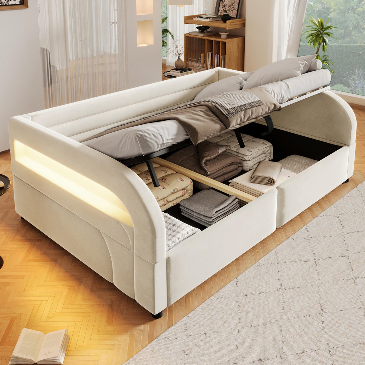 BETT mit Stauraum und LED 140x200 cm Flanell White - Weiß, Metall (140/200cm) - Meubliv