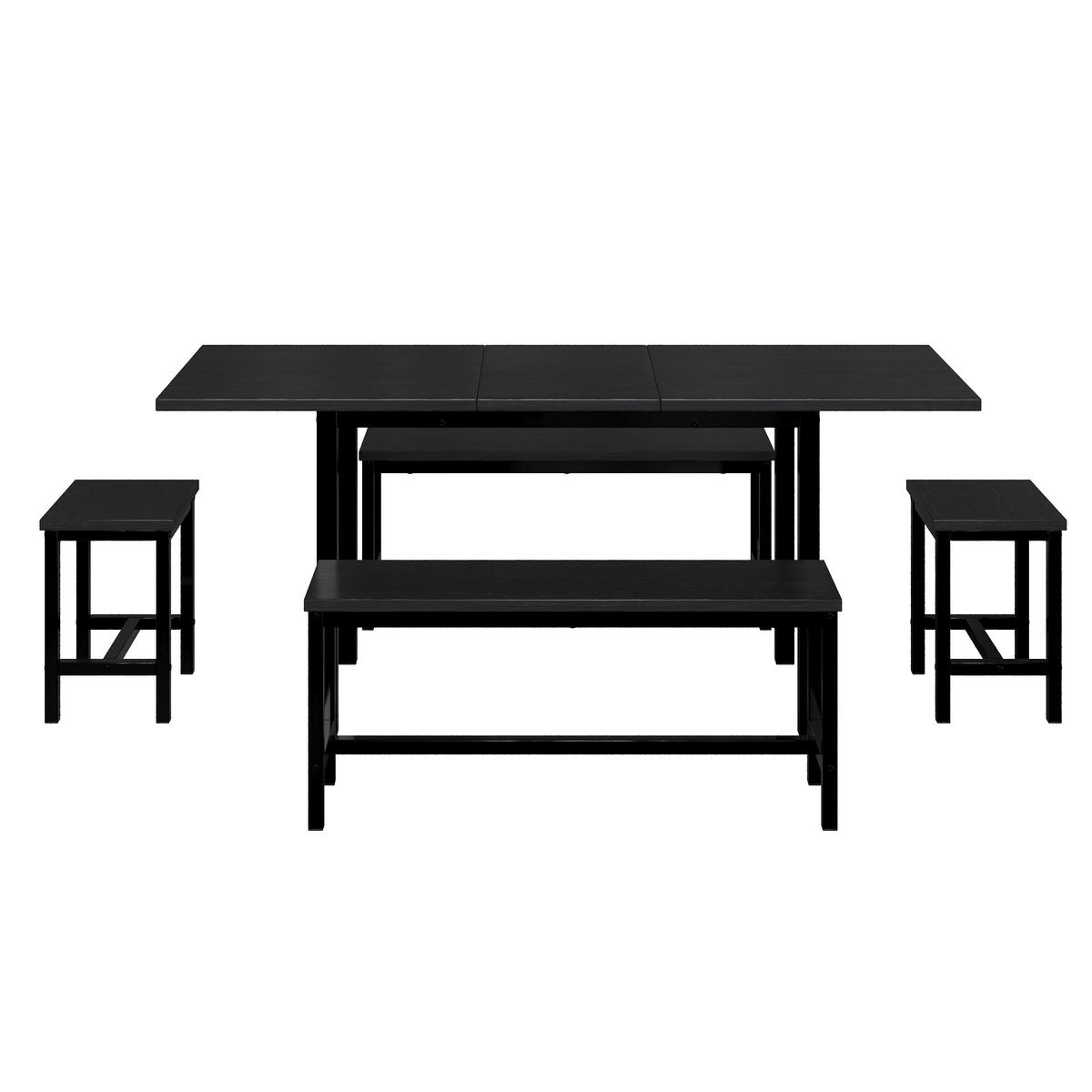 TISCHSET Ausziehbar mit mit 2 Bänken und 2 Hockern - Schwarz, Holzwerkstoff/Metall (70/75/160cm) - Urban Meuble