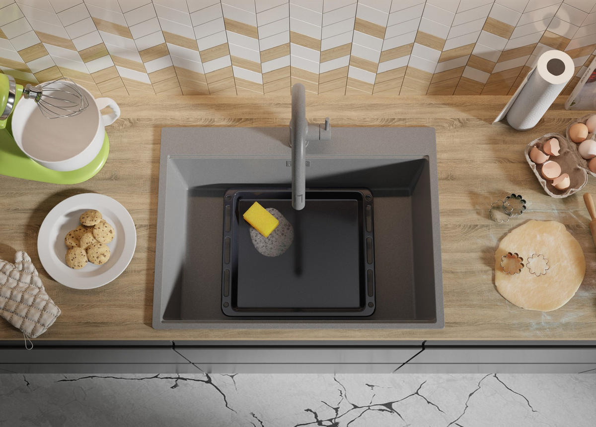 SPÜLBECKEN Oslo, 2-er set Grau 68/50 cm 1 Becken + Ablauf-Set + Schneidebrett ab 70er Unterschrank - Chromfarben/Beige, Kunststoff (68/20/50cm) - Primagran