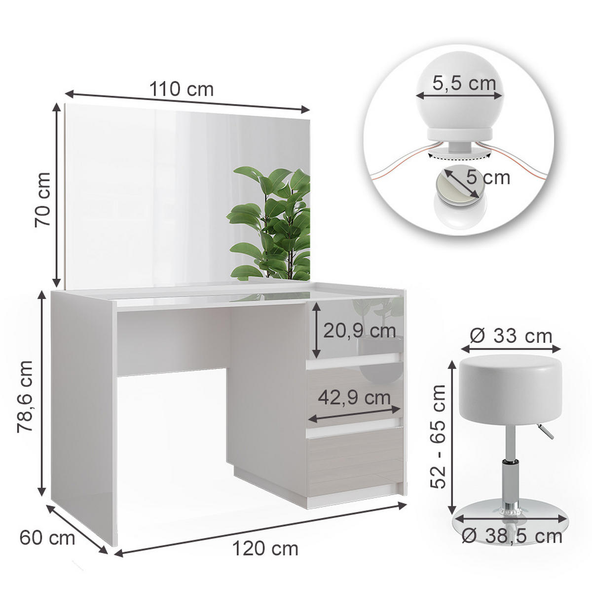 SCHMINKTISCH Marla Weiß Hochglanz 120 cm mit Spiegel, Hocker, LED-Lichterkette - Weiß Hochglanz, Holzwerkstoff (120/78.6/60cm) - Vicco