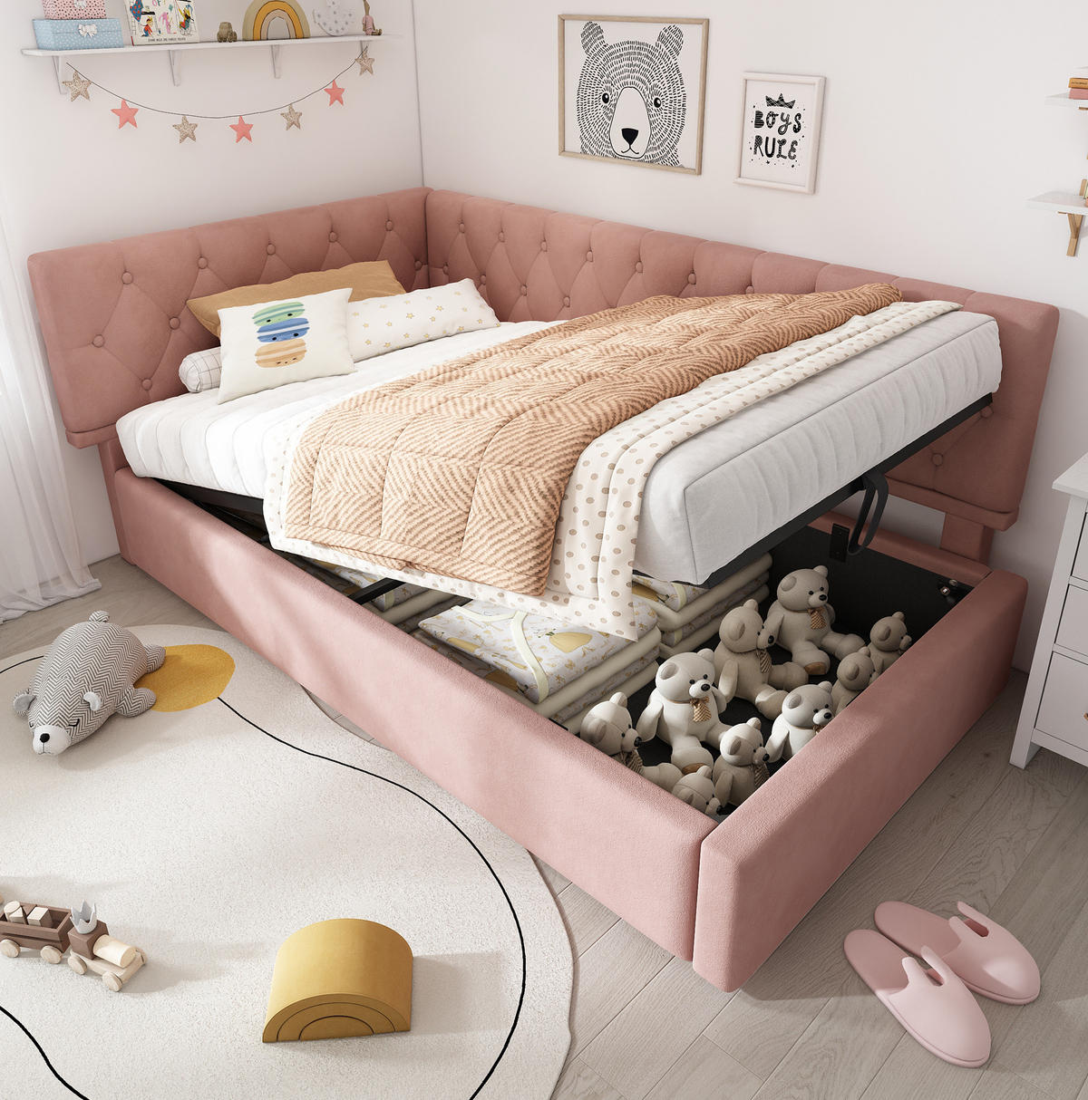 POLSTERBETT 90/200 cm Rosa aus Samt mit Stauraum - Pink, Textil (90/200cm) - OKMYHOME