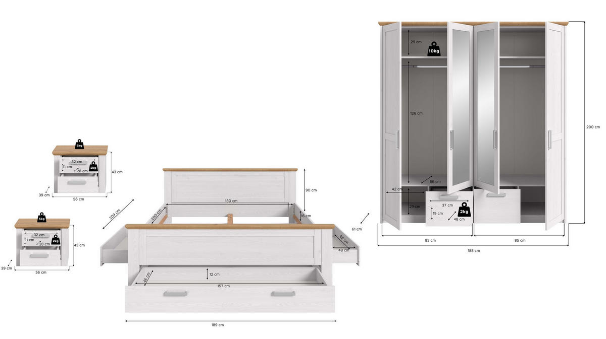 BETTANLAGE mit Kleiderschrank VERONA Bett (180 x 200cm) in Sibiu Lärche Nachbildung - Lärchefarben, Holzwerkstoff - Homes & Jones