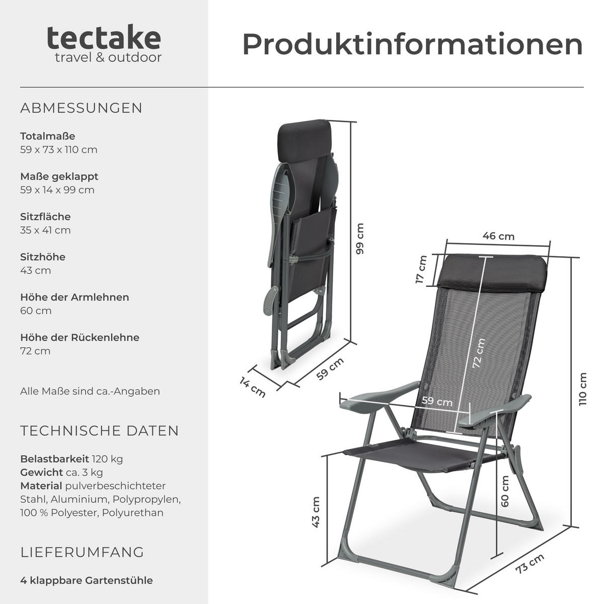 GARTENSTUHL Maurine 4er Set, 73 x 59 x 110 cm, anthrazit - Anthrazit, Metall (59/110/73cm) - tectake