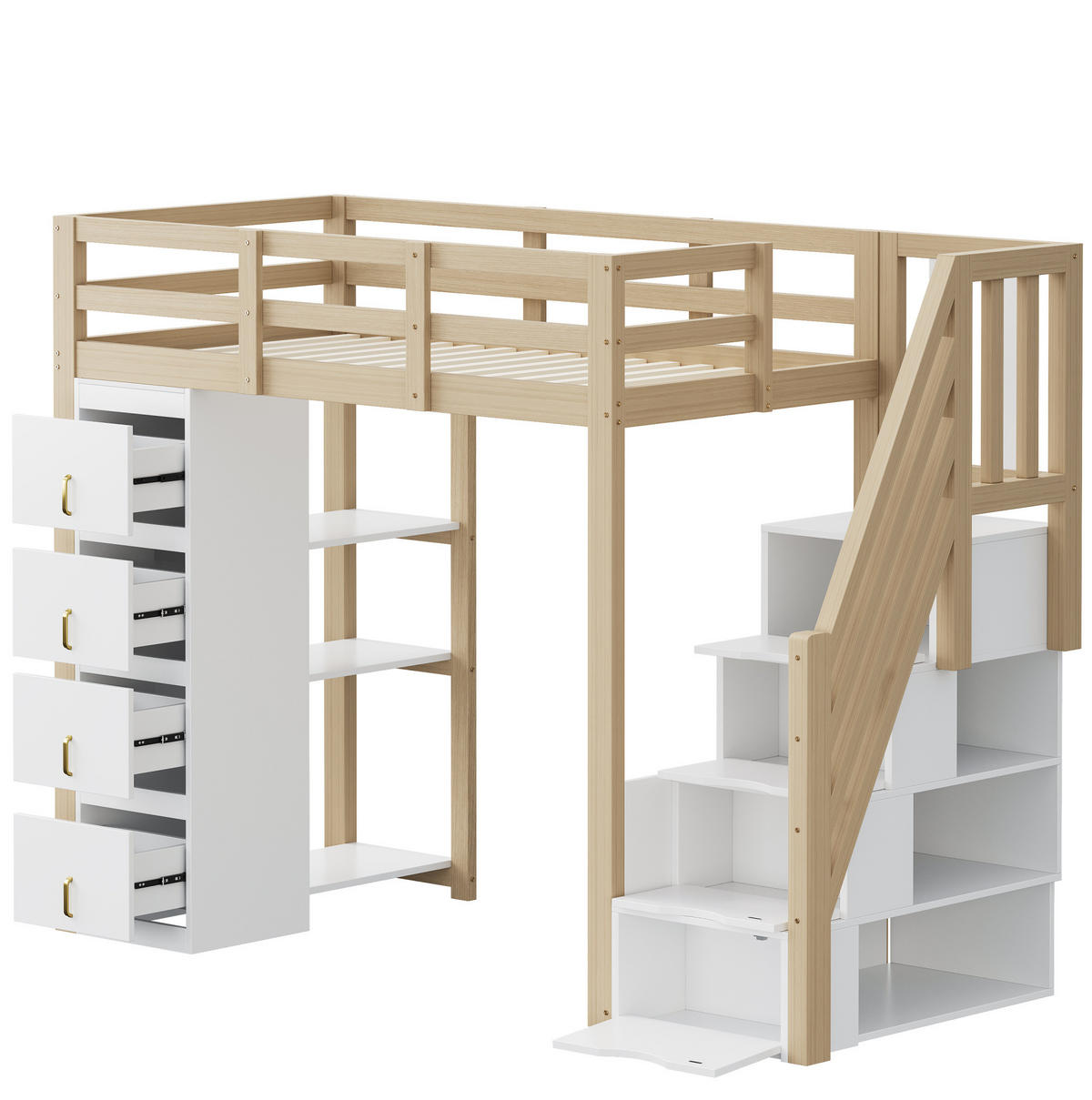 VYSOKÁ posteľ 90/200 cm prírodná z dreva s úložnými zásuvkami a regálom - biela, drevo (90/200cm) - OKWISH