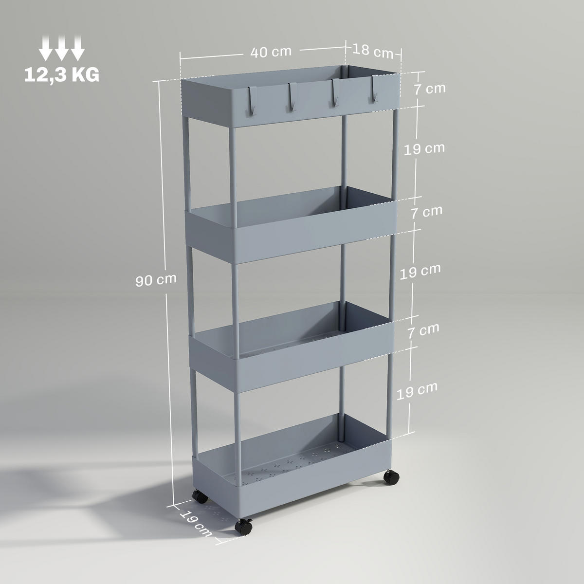 ROLLWAGEN mit 4 Ebenen, Kunststoff, Grau, 40 x 19 x 90 cm - Grau, Metall (40/90/19cm) - HOMCOM