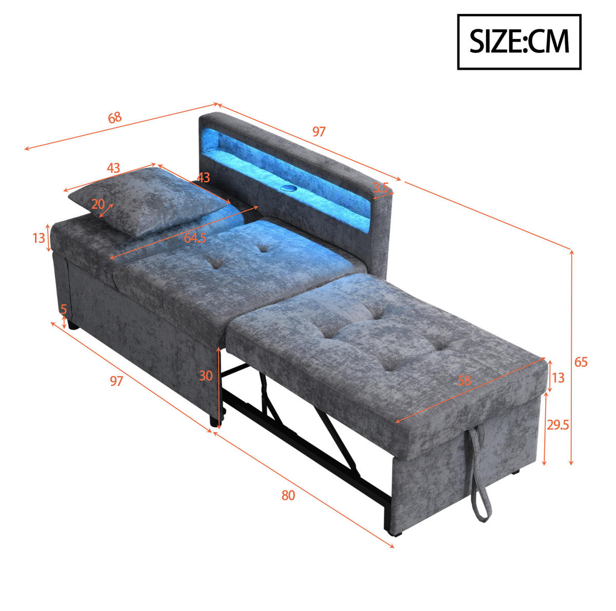 SCHLAFSOFA aus Leinenstoff 177x68x65 cm Hellgrau mit 3-in-1-Funktion, LED-Beleuchtung, USB-/Typ-C-Anschluss - Hellgrau, Leder (68/65/177cm) - Modfu