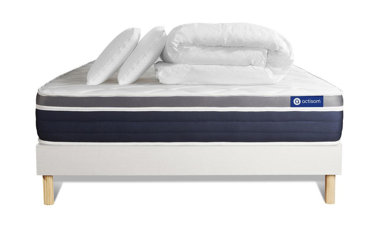 BETT Actilatex confort Latex und Memory-Schaum 180 x 200 cm h2 - Kit Bettgestell Weiß - Mit Kissen und Bettdecke - Beige/Weiß, Holz/Textil (180/200cm) - ACTISOM