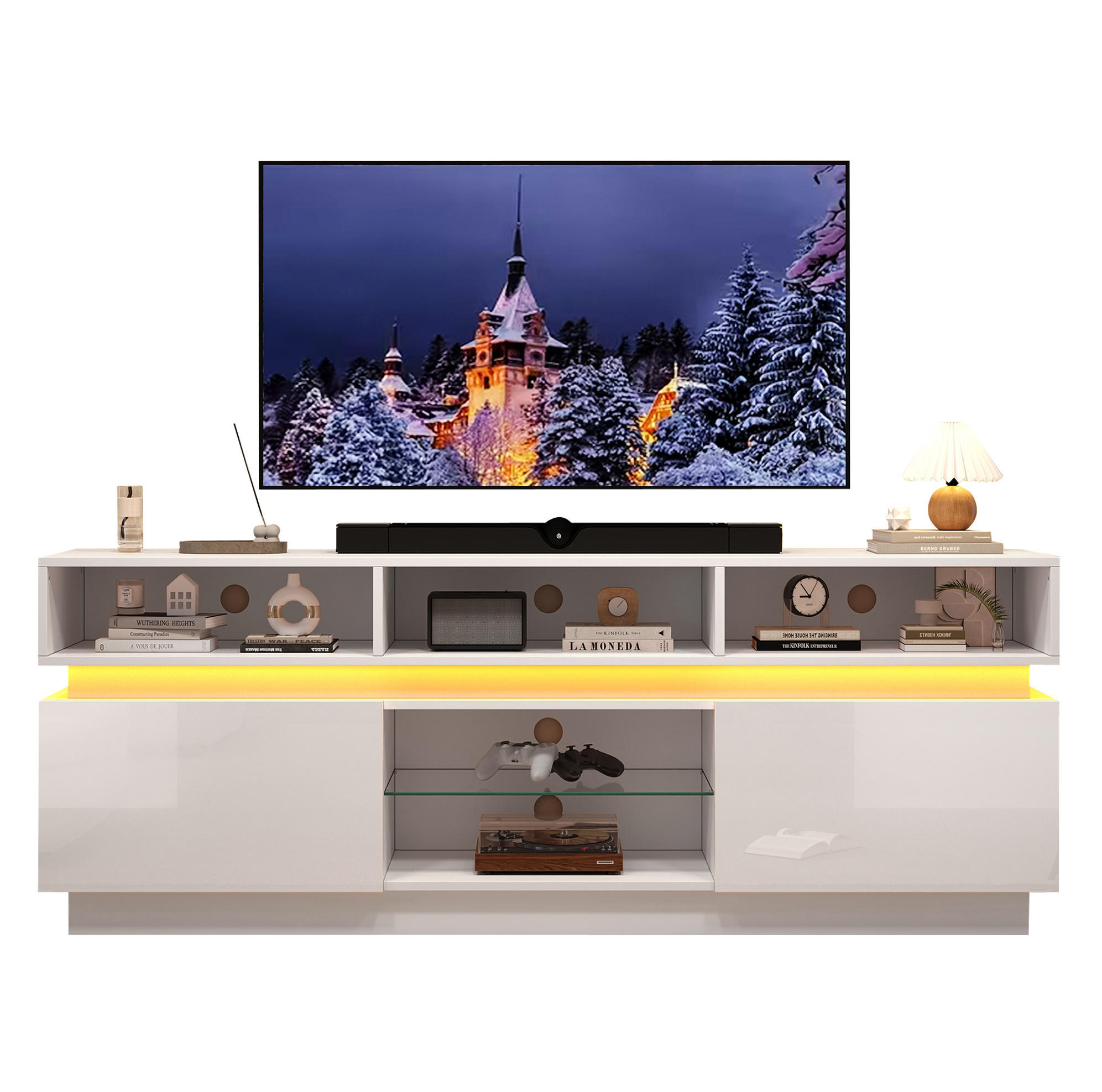 TV-LOWBOARD 160/35/60 cm weiß aus MDF mit Glasplatte und LED - Weiß, Holzwerkstoff (35/60/160cm) - OKWISH