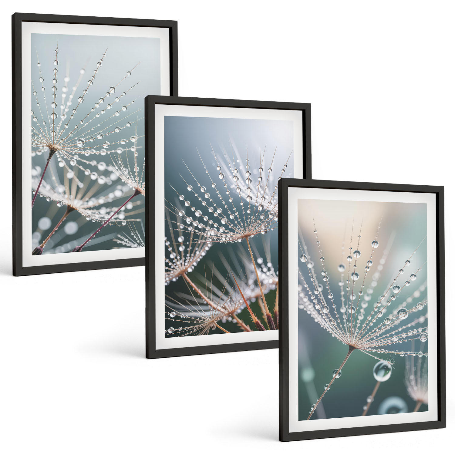 BILDER SET 3er Set - 40x60 cm Schwarzer Rahmen - Wassertropfen auf Löwenzahnsprossen - Schwarz, Kunststoff (40/60cm) - TULUP