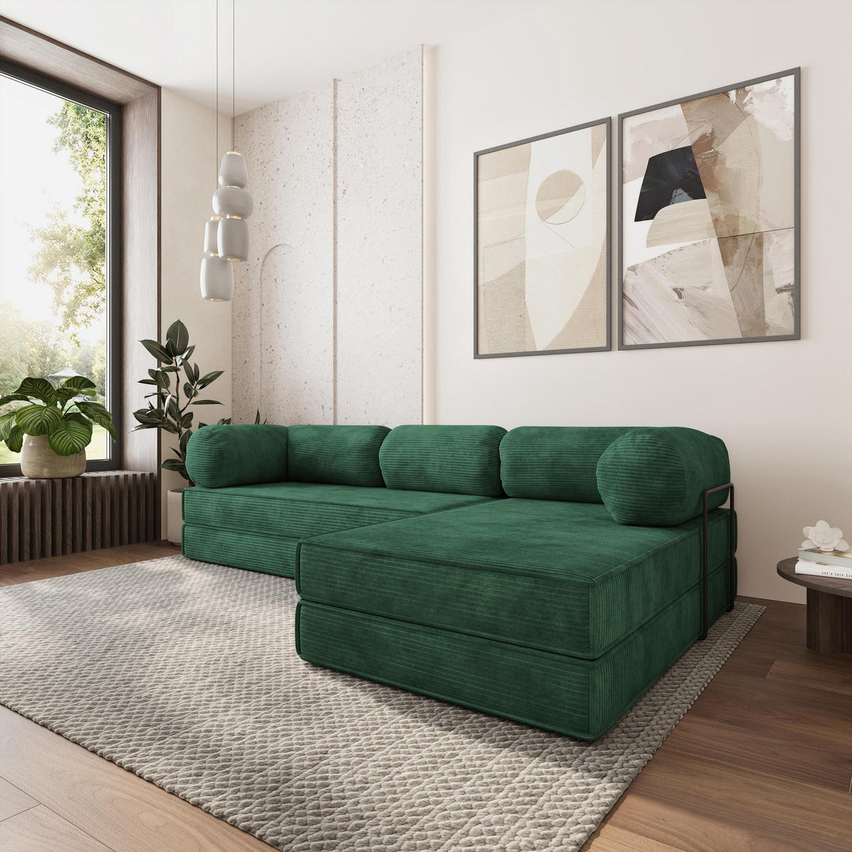 ROHOVÁ SEDAČKA ETERA modulární Boneless pohovka s funkcí spaní, zelená barva POSO 14 - zelená barva, textil (270/160cm) - MASSENO