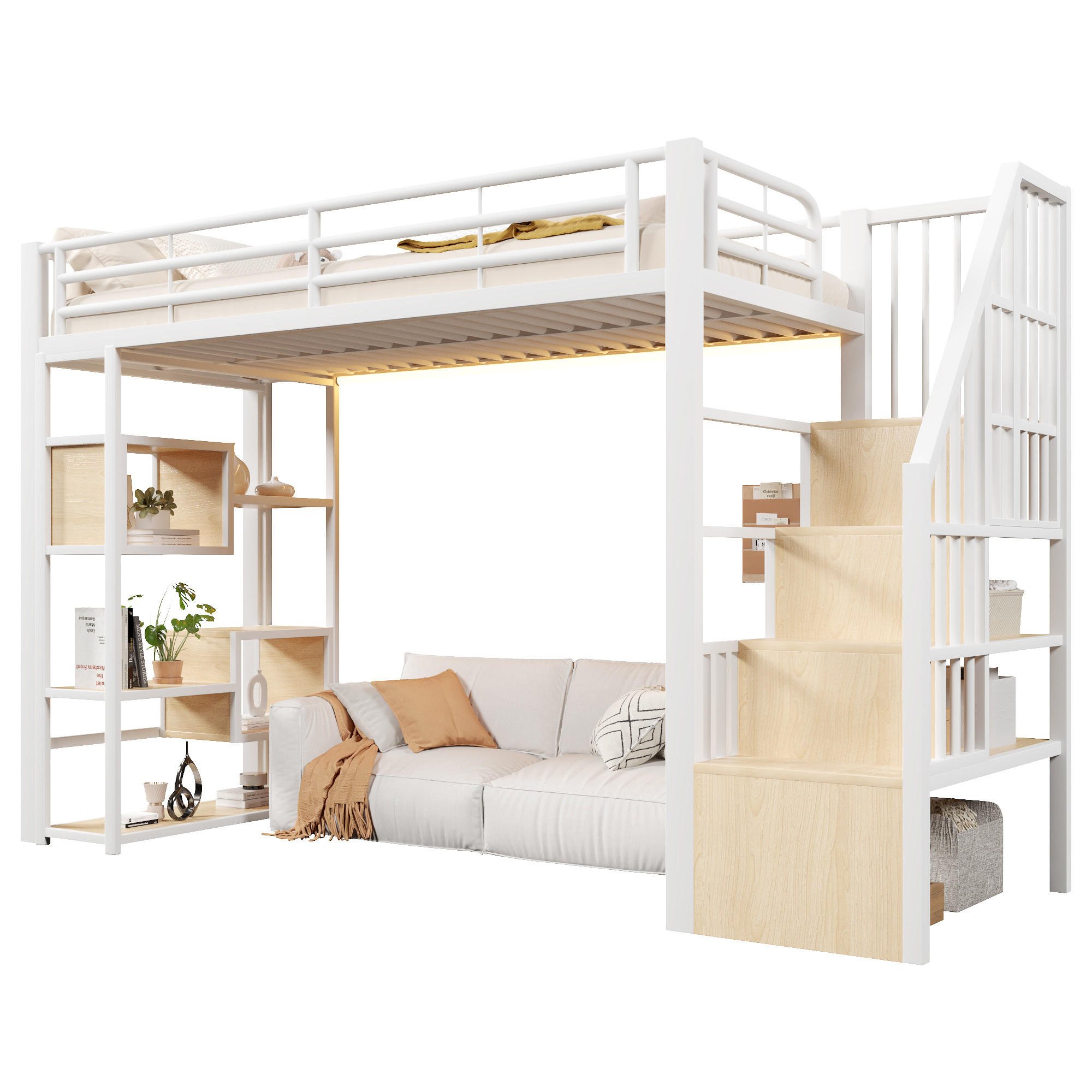 HOCHBETT 90x200cm, Eisen, Ablage, Stufen, Geländer, LED, Stauraum, ohne Matratze, Weiß - Weiß, Holzwerkstoff (90/200cm)