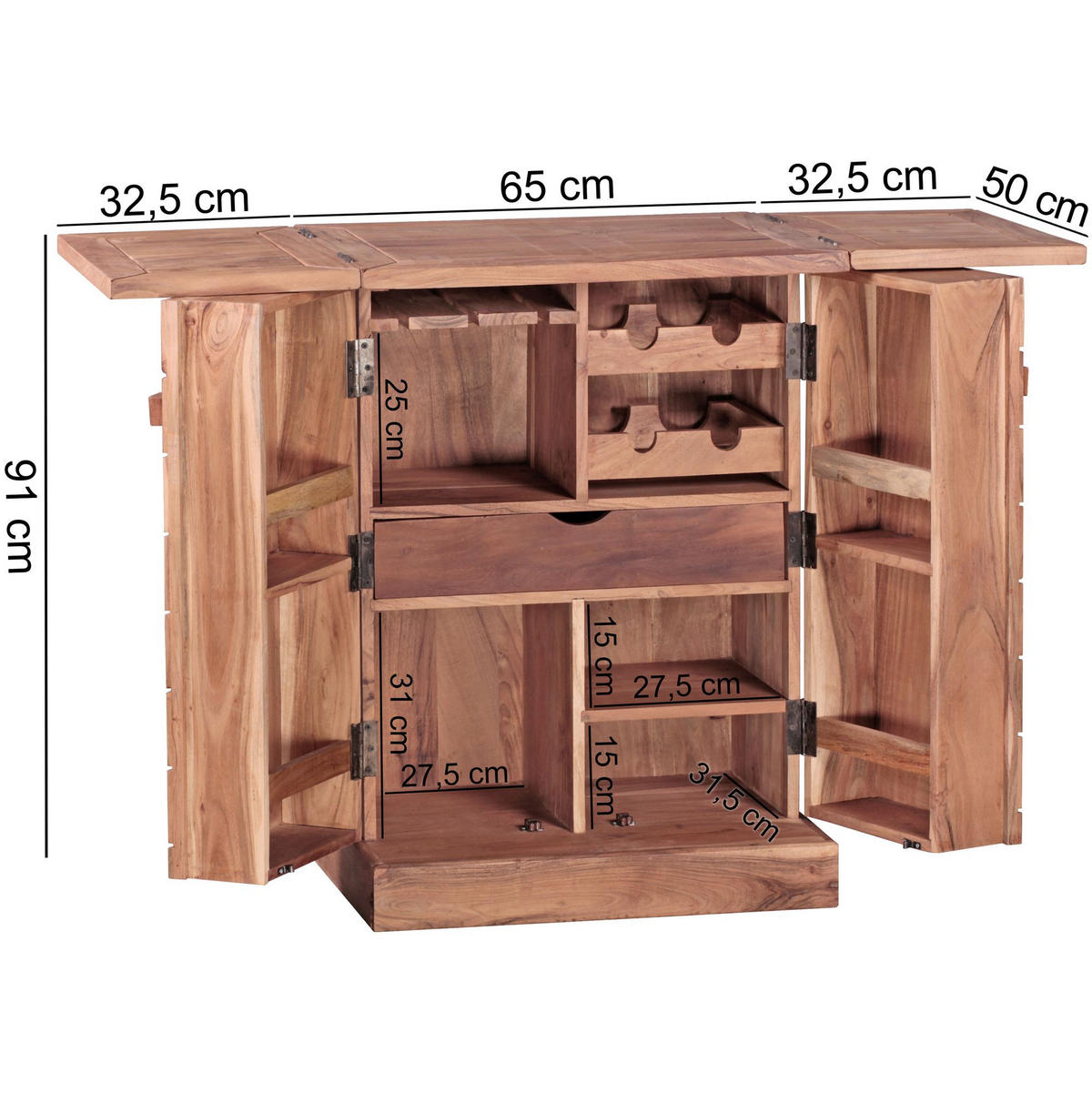 HAUSBAR aus Massivholz mit Klappfunktion und Stauraum für Flaschen und Gläser, Akazie 65x50x91 cm - Akaziefarben, Holz (65/91/50cm) - KADIMA DESIGN