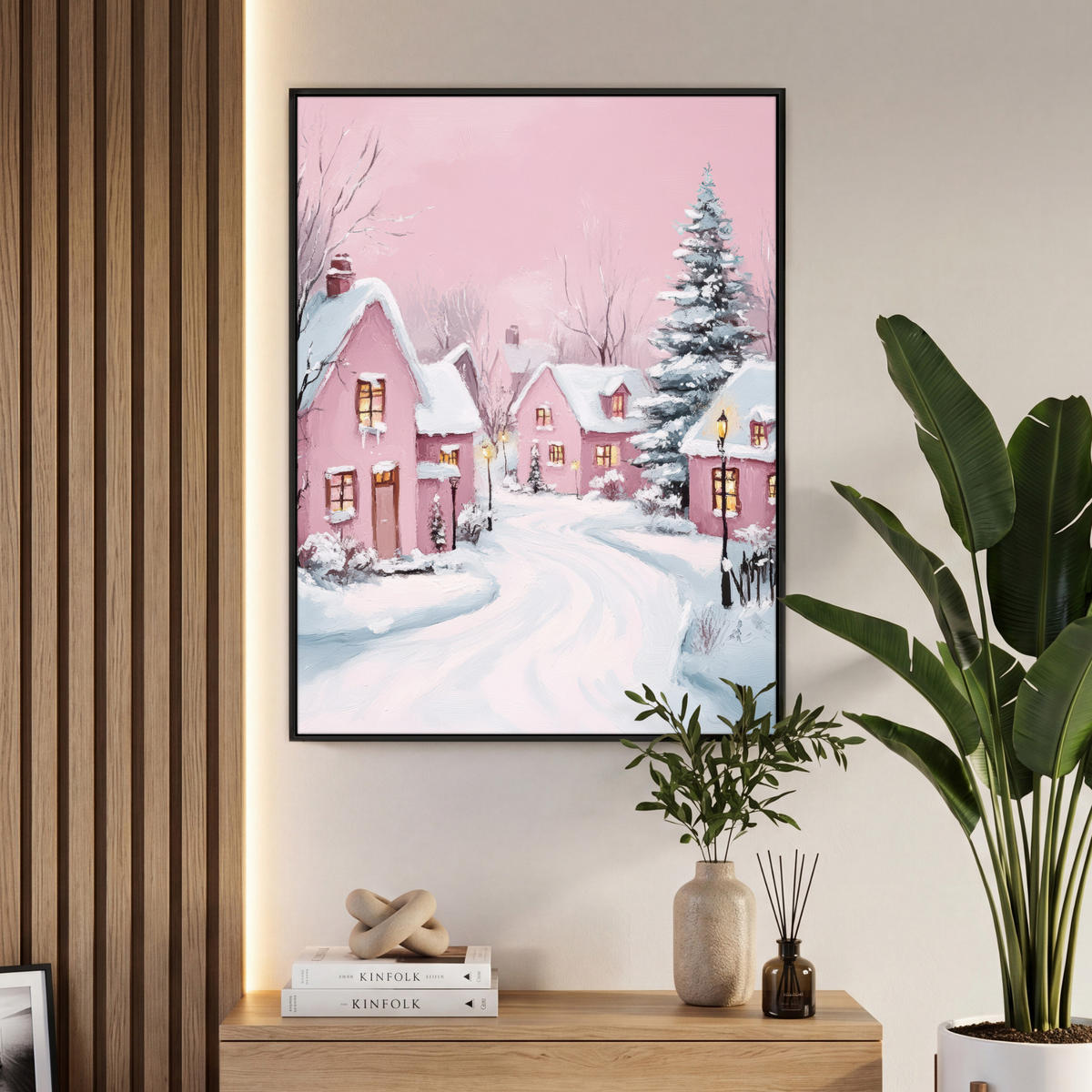 LEINWAND Bilder mit Rahmen - Weihnachtsdorf - Rosa - Winter - Schnee - Häuser - 70x100 - Altrosa, Textil (70/100cm) - MuchoWow