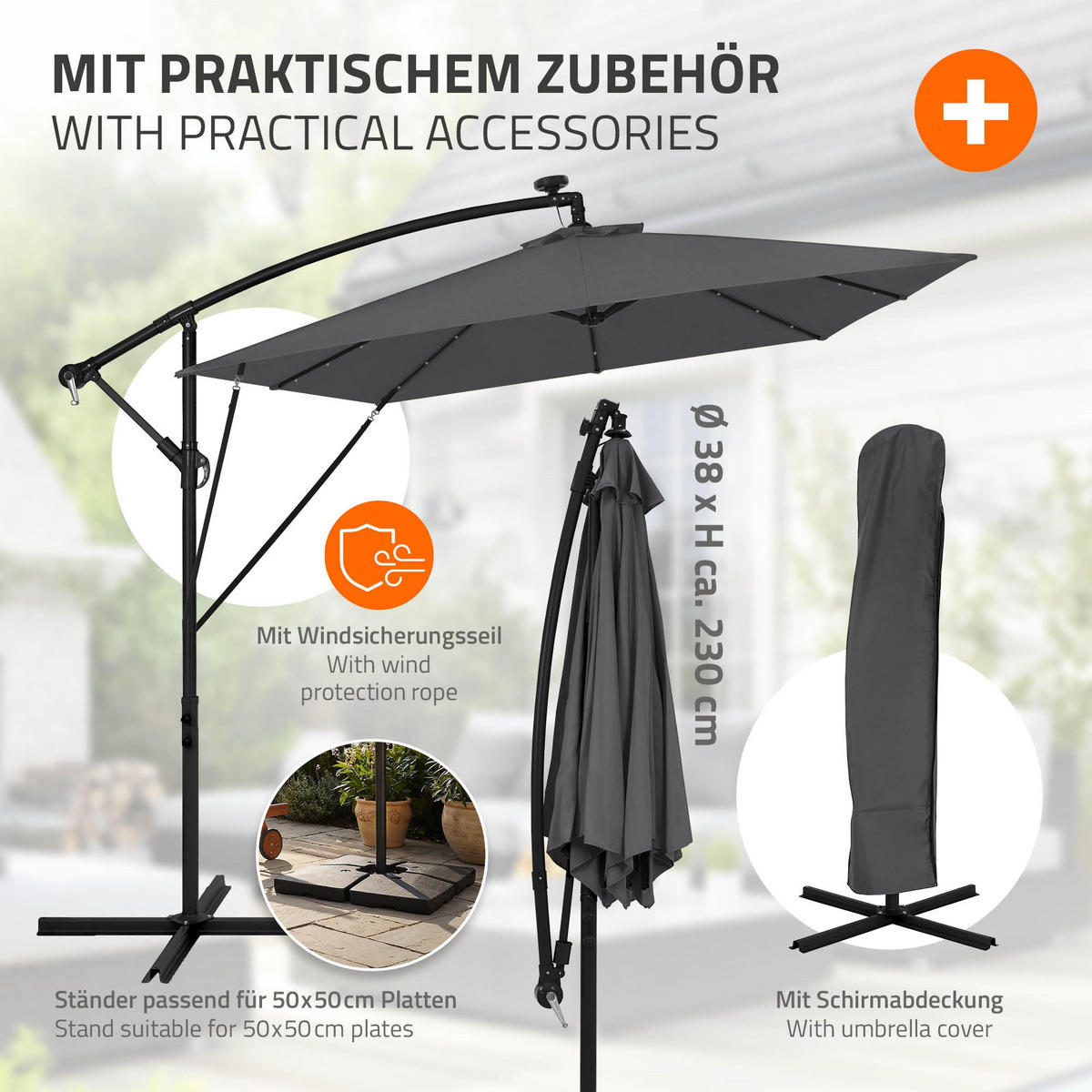 AMPELSCHIRM Ø 330 cm in Anthrazit aus Aluminium mit LED-Solar - Anthrazit, Metall (330/330cm) - ML-DESIGN