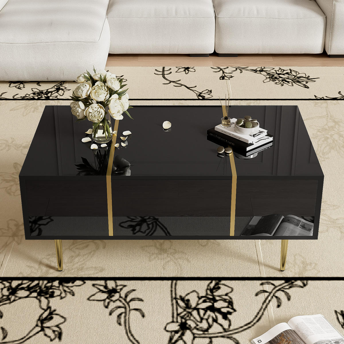 COUCHTISCH aus MDF 100x60x41,5 cm in Schwarz mit 2 Schubladen Hochglanz - Schwarz, Holzwerkstoff (100/60/41.5cm) - Modfu