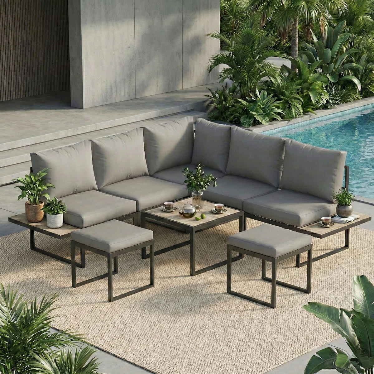 GARTENLOUNGE-SET DE-13523 6-sitzig mit Seitentischen Grau - Dunkelgrau, Metall - ComfortXL