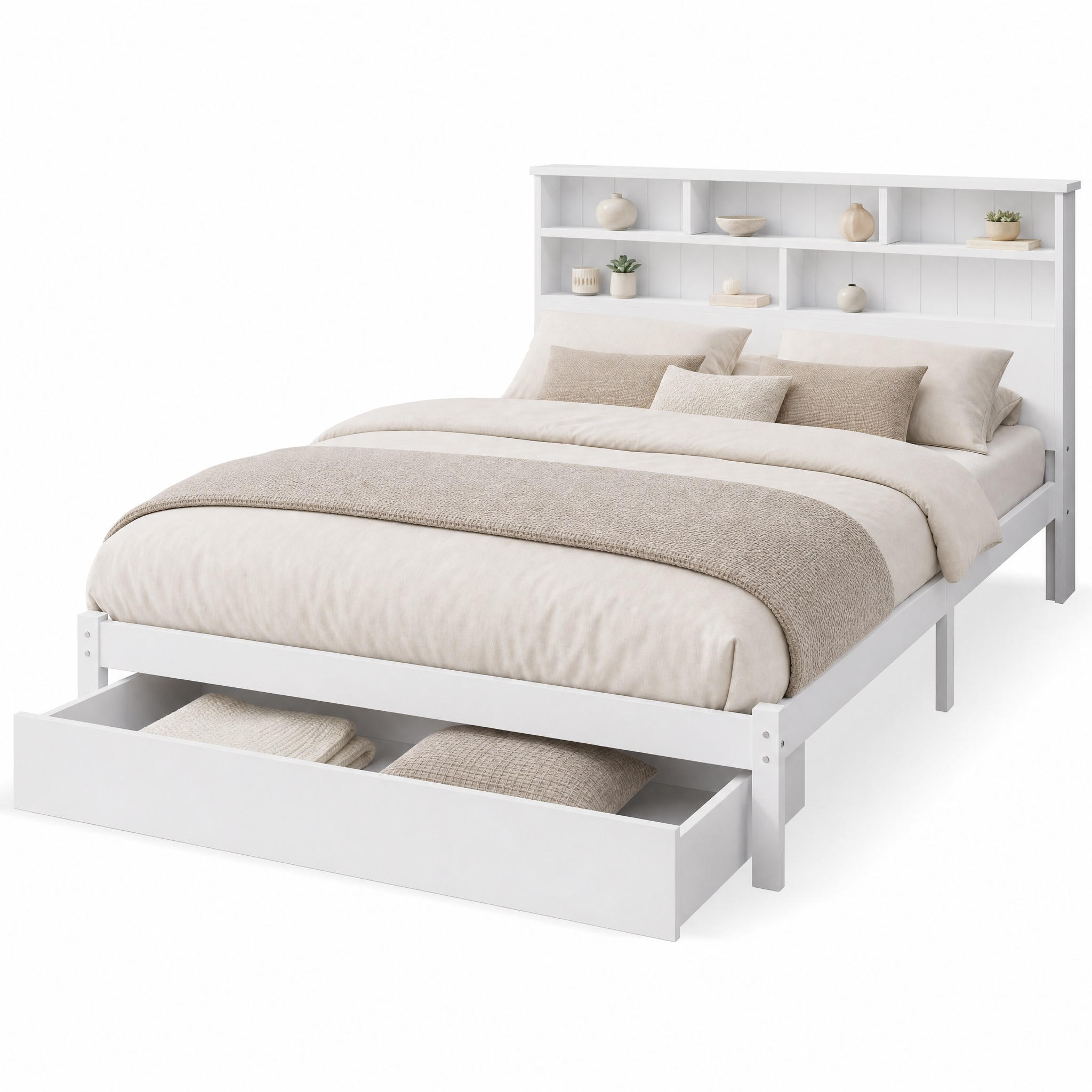 JUGENDBETT 140/200 mit Schubladen und Bücherregal in Weiß - Beige, Holzwerkstoff (140/200cm) - EVRYAE