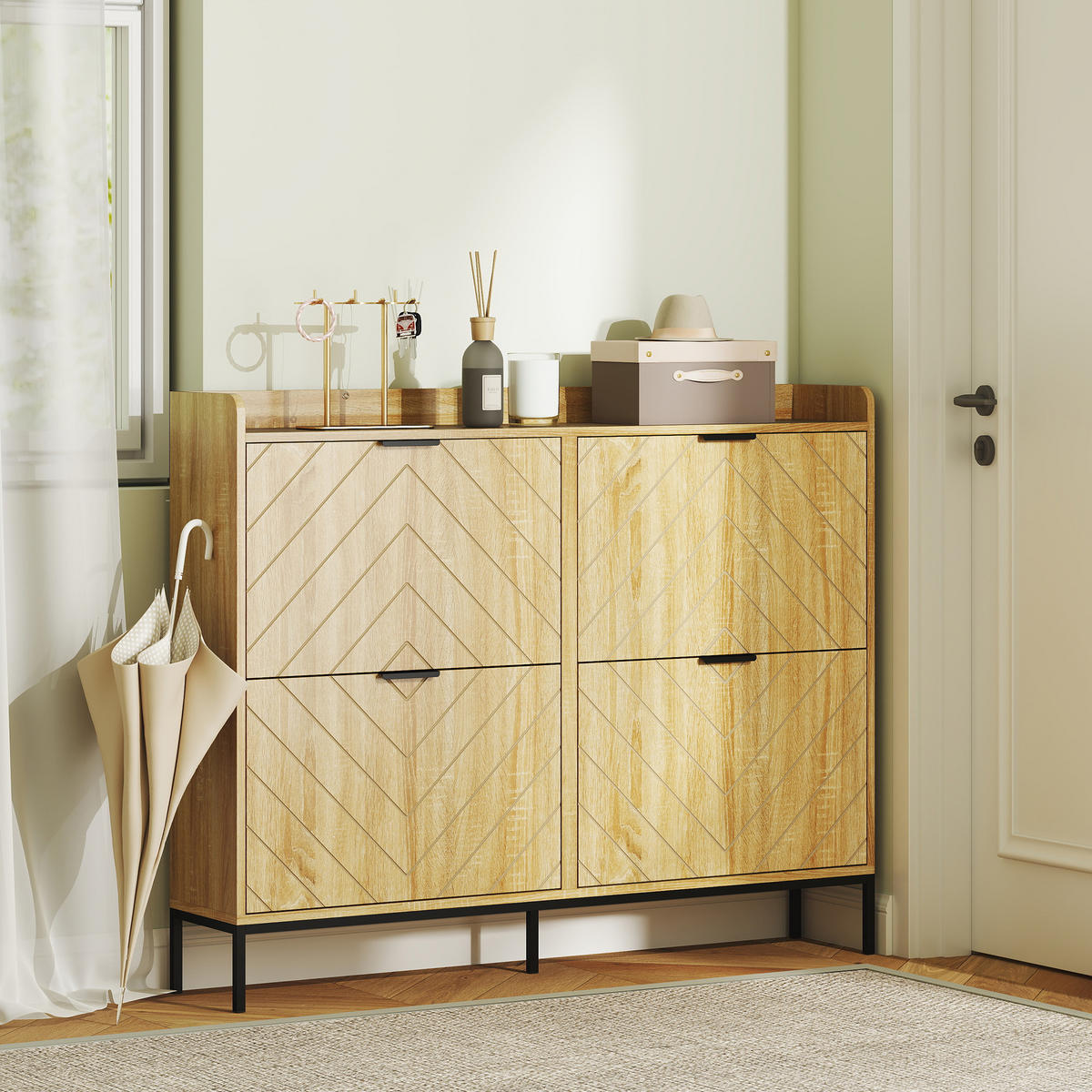 SCHUHSCHRANK Eichefarben Holzwerkstoff mit 4 Klappen platzsparend 1 Stück - Naturfarben, Holzwerkstoff (110/95.5/23.5cm) - PANGIVO